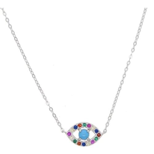 Genuine 925 Sterling Silver Necklace Turkey blue stone Round Evil Eye Necklaces AAA CZ For Women Link Chain Jewelry