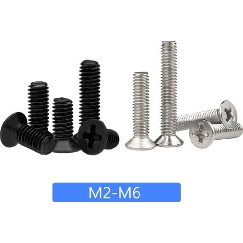 Phillips Screw 50pc M2 M2.5 M3 M4 M5 M6 Mini Micro Small Black 304 Stainless Steel Cross Countersunk Head Screw Bolt Flat