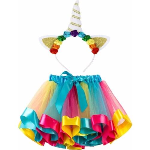 Little Girls Layered Rainbow Tutu Skirts Unicorn Horn Flower Headband Birthday Party Costume