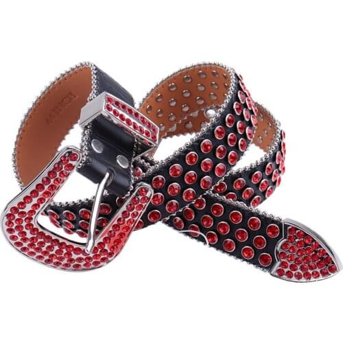 Red Leather Belts For Women Luxury Designer Brand Waist Adjustable Elastic Belt Fashion Rhinestone Studded Belt Ceinture Diamant