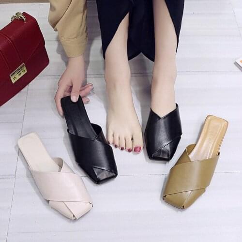Mules ladies slippers 2019 summer square toe cut out flats outside slides Korean casual cross band students flip flops zapatos