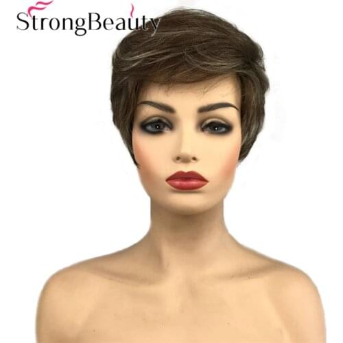 StrongBeauty Short Straight Wig Light Chestnut Brown with Blonde Highlight Womens Wigs Synthetic Heat Resistant Hair