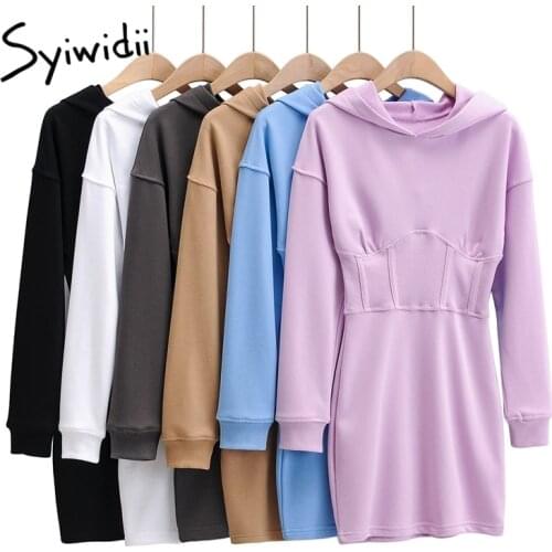 Syiwidii Bandage Tunic Mini Dresses for Women Fall 2021 Cotton Sweatshirt Hooded Streetwear Long Sleeve Female Solid Dress