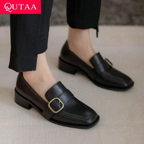QUTAA 2021 Genuine Leather Low Heel Casual Slip On Female Shoes Spring Autumn Retro Square Toe Buckle Women Pumps Size 34-39