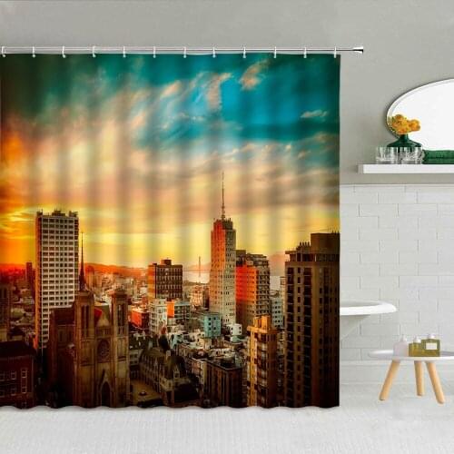 City Building Sunset Shower Curtain Architecture Landscape Fabric High Quality Bathroom Supplies With Hooks Cloth Curtains Decor