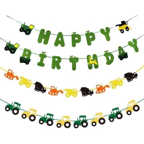 Green Construction Vehicle Happy Birthday Banner Excavator Truck Garland Flags for Farm Birthday Party Decorations Kids Favors