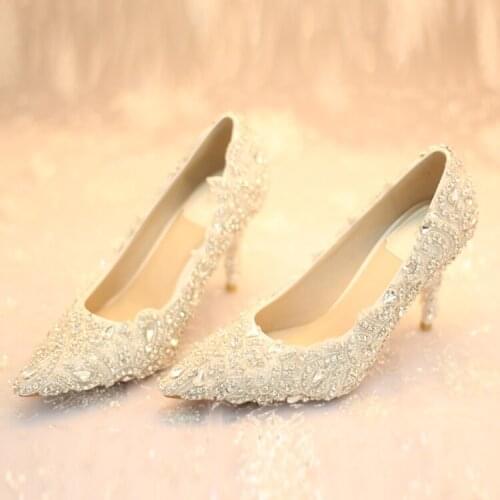 2017 Luxury White Crystal high heel formal dress shoes woman pointed toe low heel beaded women pumps wedding partry prom shoes w