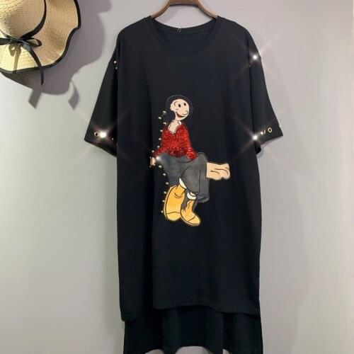 2021 Summer Women Cartoon Printed Dress With Sequin Women Short Sleeve Loose Dress Female Plus Size Slim Dress Z590