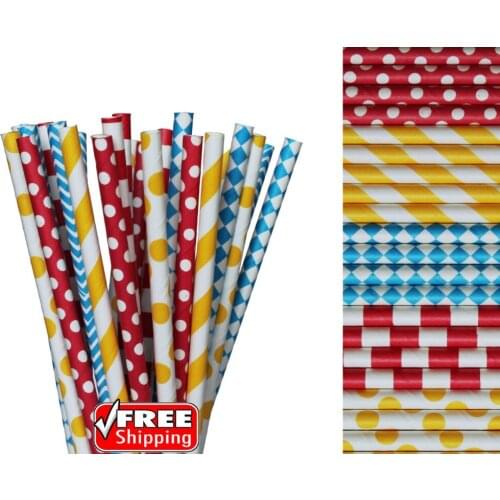 250pcs Mixed 5 Designs Red,Blue and Yellow Themed Paper Straws-Striped,Polka Dot,Diamond Circus Party Carnival 1st Birthday
