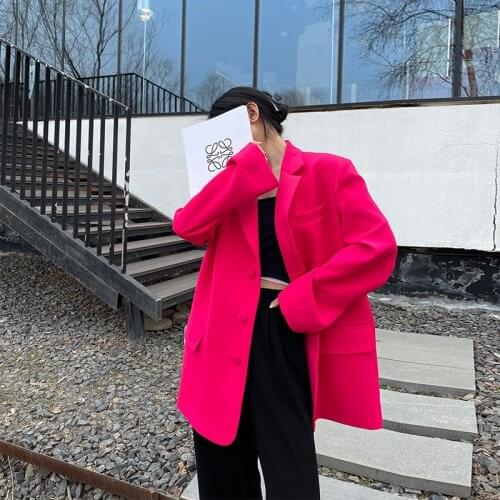 Rose Red Blazer Womens Spring Autumn 2021 New Plus Size Tops Single Breasted Long Sleeve Loose Suit Jackets Female Tide G1111