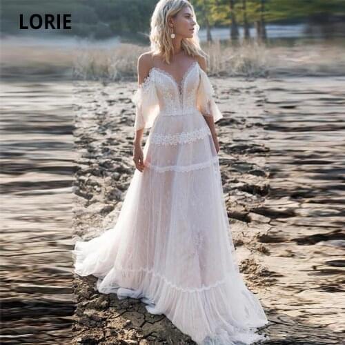LORIE Bohemian Wedding Dresses 2020 Off Shoulder A Line Lace Appliqued Boho Wedding Gowns Lacing Plus Size Beach Bridal Gowns