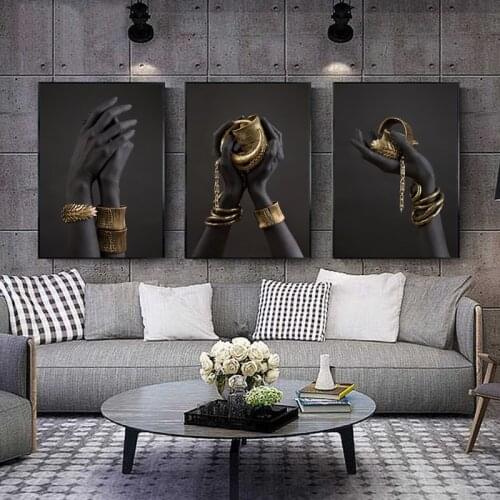 Black Womans Hand Print Canvas Painting Gold Jewelry Posters And Prints Cuadros African Wall Art Pictures Home Decoration Mural