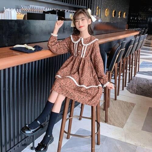 2021 Girls Dress Elegant Spring Autumn Floral Print Kids Dresses for Girl Princess Costume 3 6 8 10 12 Y Children Clothing