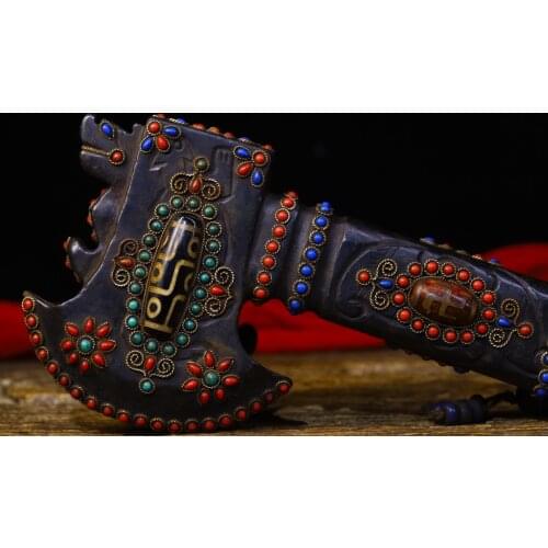 9"Tibet temple Old Natural meteorite Filigree mosaic Gem Dzi Bead Mountain axe Buddhist instruments Tiger statue Town House