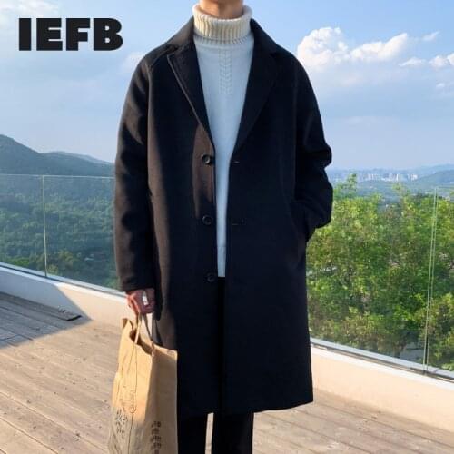 IEFB Mens Wear Overcoat Mid Length Over Knee Large Size Woolen Coat Male 5XL Single Breasted Autumn Witner Thickness Coat Y4142