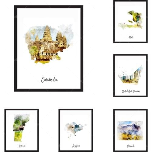 Cambodge aquarelle carte imprimer - état, carte pays, carte, voyage, impression, affiche murale Art Home Decor grand mur Art Gic