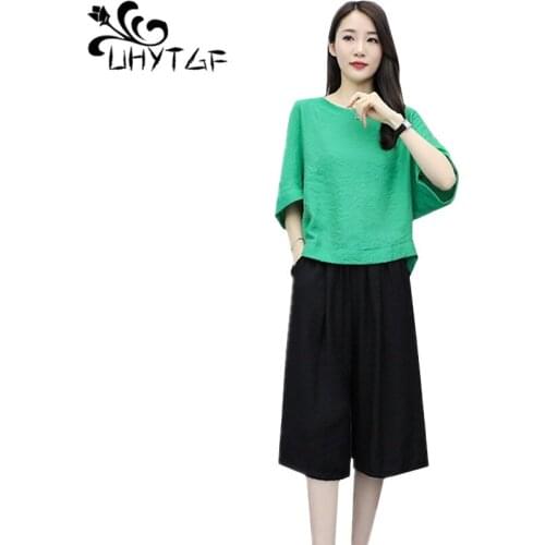 UHYTGF Casual 4XL plus size set female fashion cotton and linen wide leg pants loose summer 2 piece set women elegant suit 1619