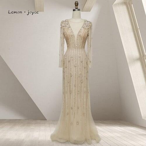 Lemon Joyce Luxury Evening Dresses 2021 Long Sleeves 0-Neck Sexy Diamond Beading Applique Formal Evening Gowns