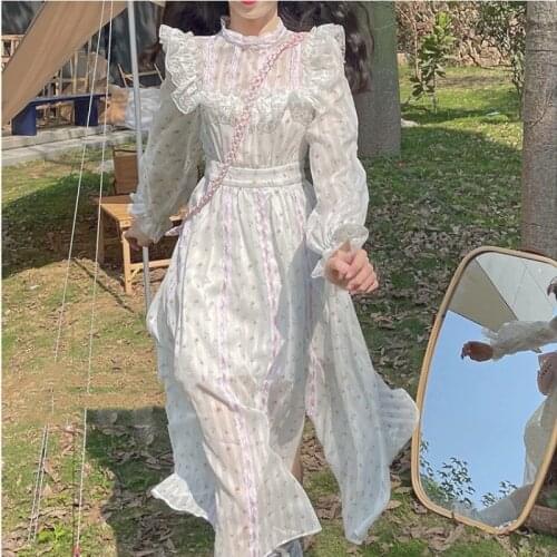 Summer Harajuku Elegant White Floral Fairy Dress Women French Vintage Sweet Long Sleeve Open Fork Dresses Cottagecore Midi Dress