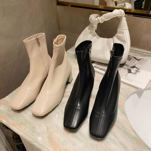 Korean Fashion Martin Boots Semi-High Heeled 2020 New Square Chunky-Heel Natural Roll shou jiao Martin Boots