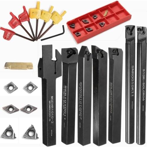 21PCS SET 10MM 12MM Lathe Turning Tool Holder Boring Bar DCMT CCMT Carbide Inserts Wrench For Lathe Turning Tool