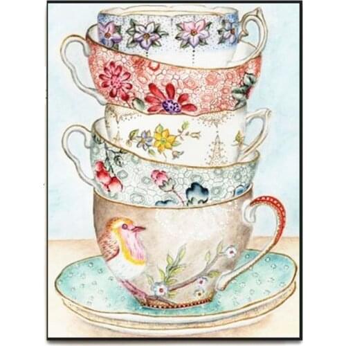 Wall Picture Full square drill flower birds Diamond Embroidery Tea cups stacked Diamond Painting Cross Stitch Mosaic Home decor