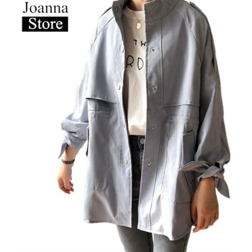 Spring New Short Jacket Women Stand Collar Long Sleeve Drawstring Slim Coats Button Pockets Blue Plus Size Casual Loose Clothes