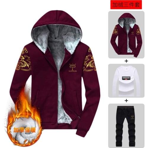 Autumn Mens Printed Hooded Hoodies+T-shirt+Pants Sets Men 3PCS Thick With Velvet Tracksuits Cardigan Hoody Suits Male M-4XL