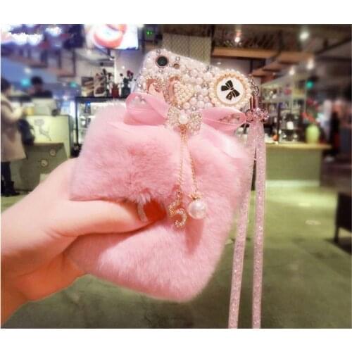 Luxury Bling Diamond Pearl Bowknot Tassel Warm Soft Fur Rabbit Fur Hair Case For Samsung S8 S9 S10 S21 S20 PLUS Note5 8 9 10 20
