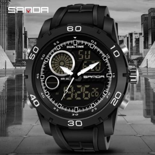 SANDA Male Fashionable Multi-Functional Mens Electronic Watches Outdoor Sports Dual-Display Waterproof Digital Luminous Watch