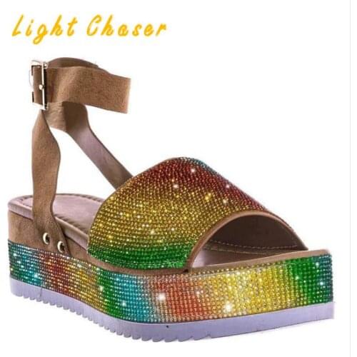2021 New Female Sandals Increase Leisure Flat Sandals Fashion Rhinestone Platform Sandals Large Size Beach Shoes Women Slippers