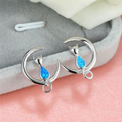 Rose Gold Silver Color Moon Stud Earrings White Blue Opal Cute Small Cat Earrings For Women Wedding Jewelry Boho Animal Earrings