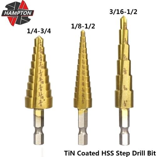 Hampton Hex Shank 3/16-1/2 1/4-3/4 1/8-1/2 HSS Step Drill Bit For Wood Straight Core Drill Bit Titanium Coated Pagoda Drill