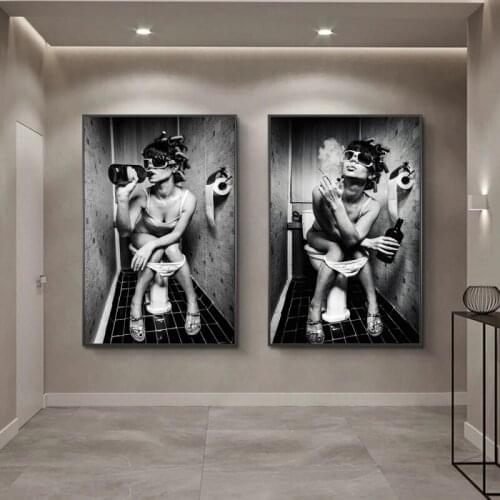 Modern Art Sexy Girl Sits In A Toilet Canvas Paintings Posters and Prints Black White Canvas Prints Wall Art Pictures for Home