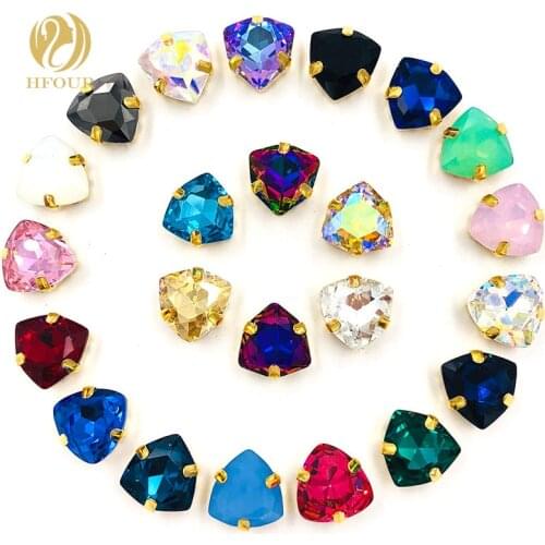 New arrival 12mm Fat triangle crystal sew on glass rhinestones 10pcs gold base rhinestones diy wedding decoration accessories