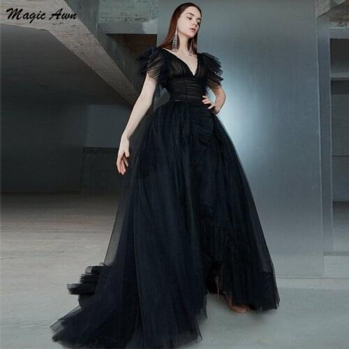 Magic Awn Vintage Black Tulle Wedding Dresses V-Neck Cap Sleeves Illusion Boho Wedding Party Gowns Customized Abito Da Sposa