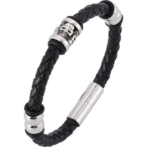 Vintage Party Jewelry Male Braided Leather Skull Bracelet Handmade S.Steel Magnet Clasp Skeleton Punk Wristband Men Gifts SP0415