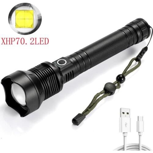 XHP70.2 LED Flashlight Powerful Flash Light Brightest Lantern Zoom Tactical 26650 Camping USB Rechargeable Hunting Torch