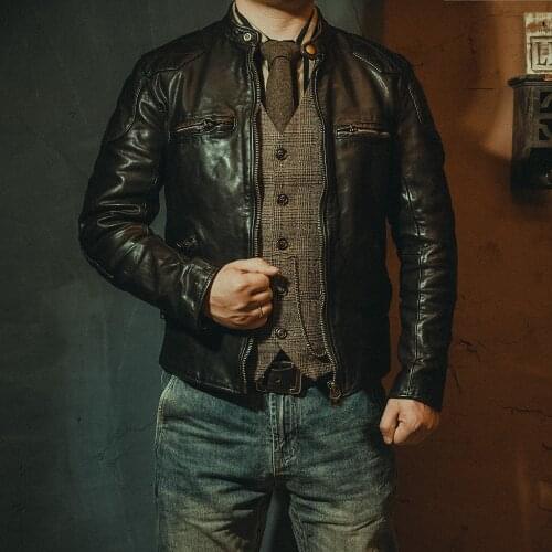 YR!Free shipping.Super vintage tea core horsehide jacket.high quality thick hard leather coat.classic biker leather clothes