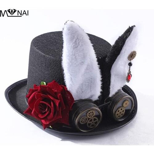 Women Hat Steam Punk Anime Cosplay Top Hat Detachable Goggles Gear Halloween Vintage Hat Black Polyester Stage Performance