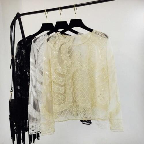 Autumn Women Vintage Heavy Industry Pearl Beads Embroidered Flower Sequins Long Sleeve Black Beige Pink T-shirt 7789