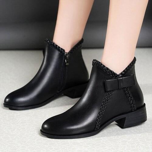 2021 Winter Leather Boots Women Large Size Fashion bow-knot High Heels Plush Velvet Ankle Boots Low Pointed Toe Women Shoes