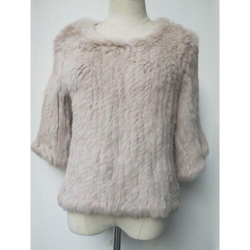 Women Natural Rabbit Fur Pullovers Coat.Half Sleeve Winter Warm Genuine Fur Knitted Outwear Female Jacket