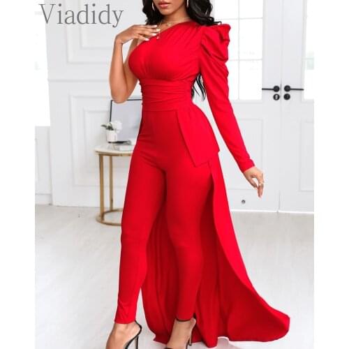 Women Elegant Single Shoulder Long Sleeve Jumpsuits OL Red Puff Sleeve High Waist Rompers