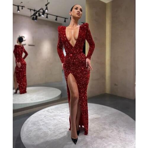 Vestidos Long Prom Dresses 2021 Sexy V-neck Long Sleeve High Slit Red Sequin Dubai Women Formal Evening Party Gowns