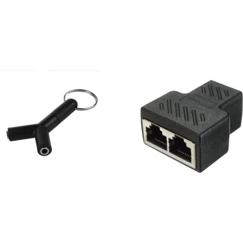 1 Pcs Mini Y Shaped 3.5Mm Jack Stereo Audio Headset Splitter Connector Keyring & 1 Pcs 2 Port RJ45 Splitter Adapter