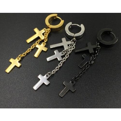 Alisouy 2 pieces Mens Womens Stainless Steel Dangle Cross Ear Stud Huggies Earring Punk style stud earrings for men