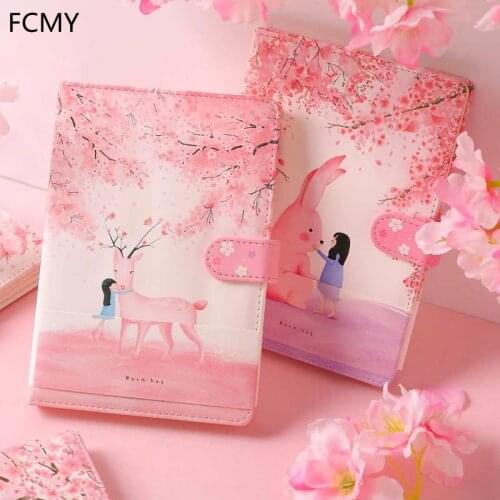 2021 A5 Notebook cute Cherry blossoms Cat Magnetic Buckle Small Fresh PU Leather Diary Student Color Page Girl Heart Hand Book