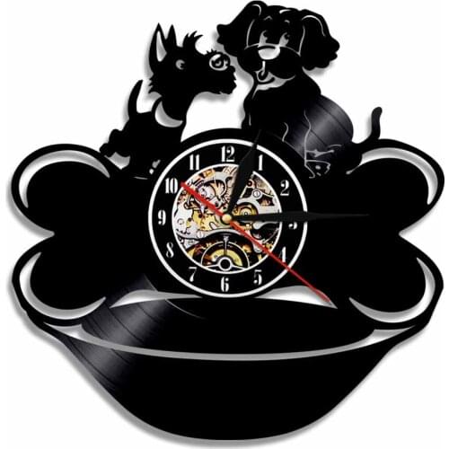 Lovely Dog Couple Vinyl Record Wall Clock Animals LED Backlight Vintage Illuminated Home Decor Wall Watch Gift For Dog Lover