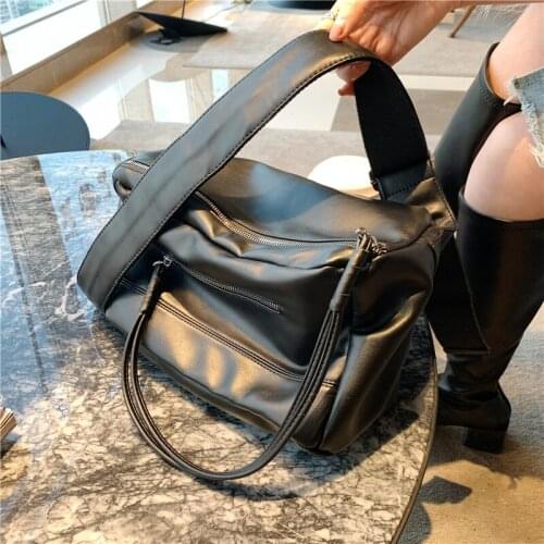 Black PU Leather Retro Large-Capacity Bag Handbags Womens Bag 2021 New Style Fashion All-Match Simple Shoulder Bag Tote Bag